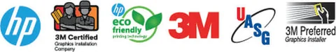 HP, 3M Certified, HP Eco, 3M, UASG and 3M Preferred Graphics Installer badges