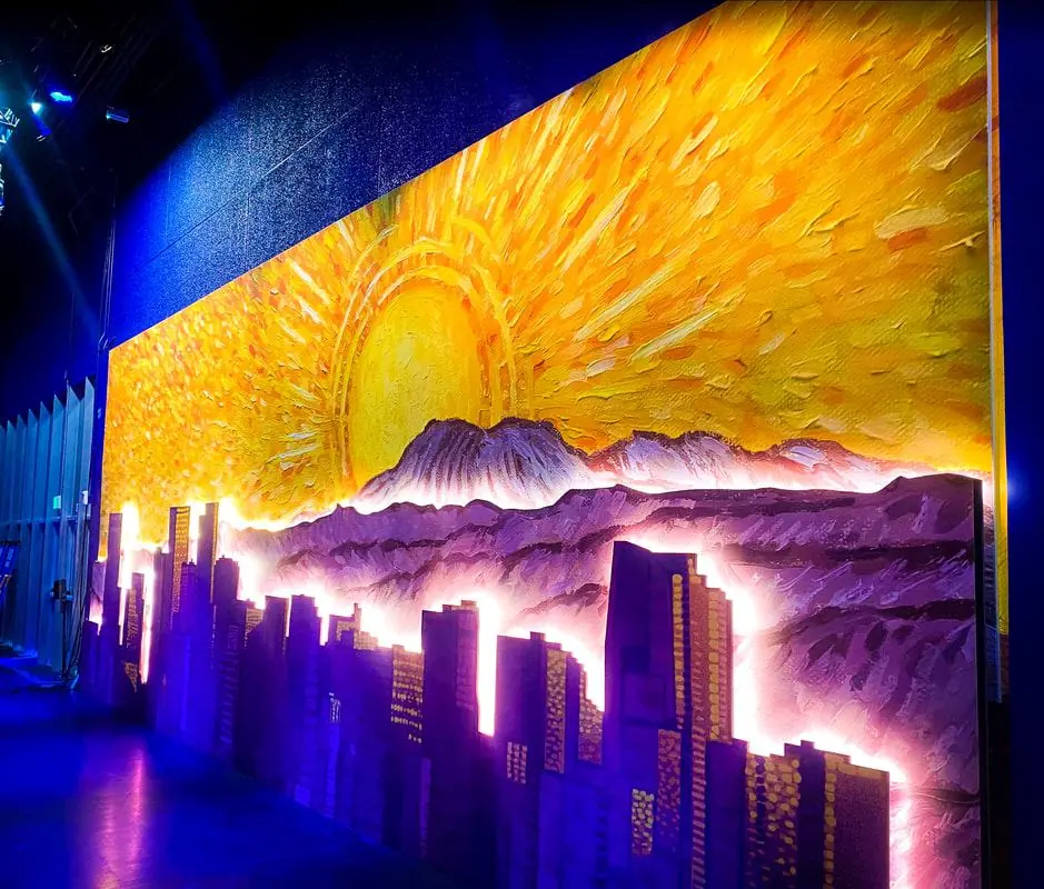 Backlit skyline mural